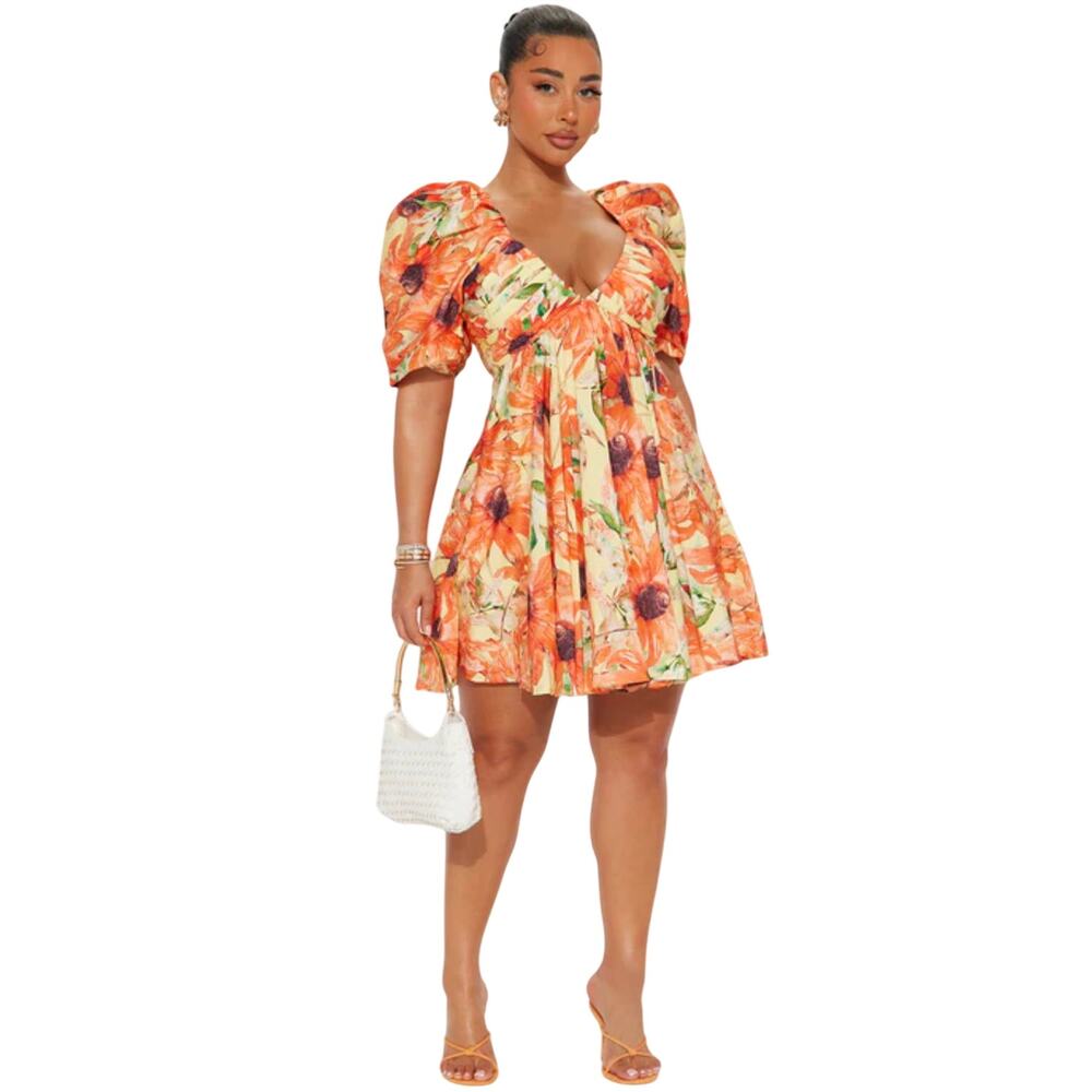 Fashion Nova Orange Floral Puff Sleeve Mini Dress